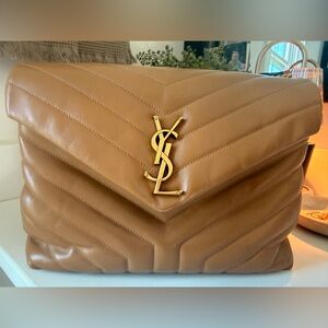 Saint Laurent Camel Quilted Chevron Leather Shoulder Bag with Gold YSL